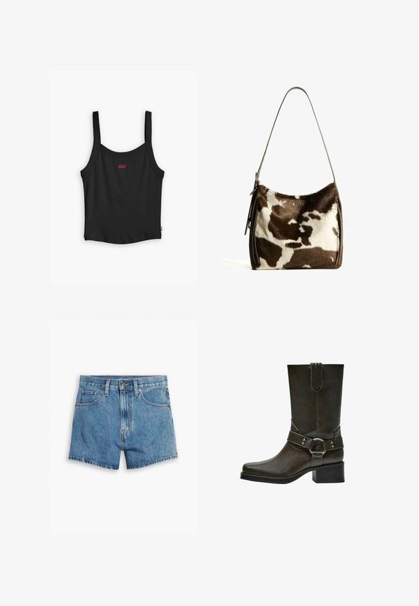 Bruna villakangastakki, jossa on leveät läpät, neljä nappia, pitkät hihat ja kaksi etureikätaskua, aseteltuna tasaisesti valkoiselle taustalle.; Mustan ribbed-hihnatoppi, jossa on ohutolkainten, etuosassa pieni punainen Levi's-logo ja suora helmaviimeistely.; Vaaleansiniset farkkushortsit, joissa on viisi taskua, vetoketjukiinnitys ja nappisulku. Helmassa on revitty viimeistely ja rento istuvuus.; Ruskea nahkainen nilkkabootsi, jossa on neliön muotoinen kärki, lyhyt lohkokanta ja koristeellinen soljivöi hopeisilla yksityiskohdilla. Sileä pinta, yksinkertainen muotoilu.; Ruskea ja kerma cowhide-olkalaukku, jossa on sileä nahkahihna, vetoketju ja pehmeä, teksturoitu pinta, jossa on luonnollinen kuvio.