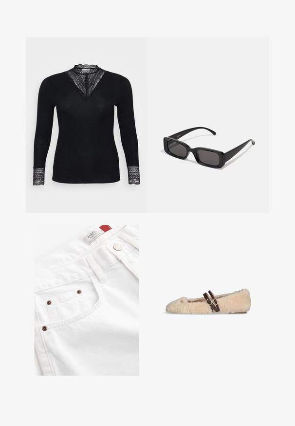 Brown double-breasted wool coat with wide lapels, four buttons, long sleeves, and two front slit pockets, laid flat on white background.; Black long-sleeve top with a ribbed texture, featuring lace accents at the neckline and sleeve cuffs, and a V-shaped neckline design.; White denim shorts featuring a mid-rise design, five-pocket style, and copper-tone hardware accents. Textured fabric with stitched detailing.; Beige fuzzy flat shoe with two dark brown adjustable buckle straps across the top and a small gold emblem near the toe.; Black rectangular sunglasses with dark lenses, glossy finish, wide arms, and a chunky frame design. Engraved brand name on one arm.; Even&Odd Tote bag - black