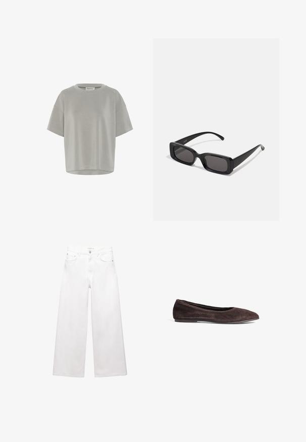 Brauner doppelt gepolsterter Wollmantel mit breiten Revers, vier Knöpfen, langen Ärmeln und zwei vorderen schrägen Taschen, flach auf einem weißen Hintergrund ausgelegt.; My Essential Wardrobe HELLE EMB BOXY - T-Shirt basic - moon mist; Weiße, weit geschnittene Jeans aus Baumwolle mit hoher Taille, Fünf-Taschen-Design und Messingbeschlägen. Glatte, unbeschädigte Oberfläche.; Braune Wildleder-Ballerinas mit spitzem Absatz und niedrigem Profil. Verfügt über eine glatte Textur und ein minimalistisches Design. Keine sichtbaren Beschläge oder Akzente.; Schwarze rechteckige Sonnenbrille mit dunklen Gläsern, glänzender Oberfläche, breiten Bügeln und einem klobigen Rahmen-Design. Gravierter Markenname auf einem Bügel.; Schwarze Lederhandtasche mit geflochtenen Griffen, Reißverschlussfach und hängenden Quasten. Strukturiert Oberfläche mit Metallnieten und Hardware-Akzenten.