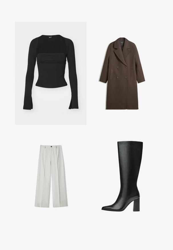 Bruna villakangastakki, jossa on leveät läpät, neljä nappia, pitkät hihat ja kaksi etureikätaskua, aseteltuna tasaisesti valkoiselle taustalle.; Gina Tricot SOFT TOUCH SQUARE NECK TOP - Pitkähihainen paita - black; Vaaleanharmaat leveälantioiset housut, jotka on valmistettu tekstuuri-kankaasta. Niissä on napitus ja kaksi laskosta edessä lisäämään yksityiskohtia.; Mustat, polveen saakka ulottuvat saappaat, jotka on valmistettu tekonahasta, teräväkärkiset, sileäpintaiset ja joissa on paksu lohko korko. Minimalistinen muotoilu ilman näkyviä yksityiskohtia.