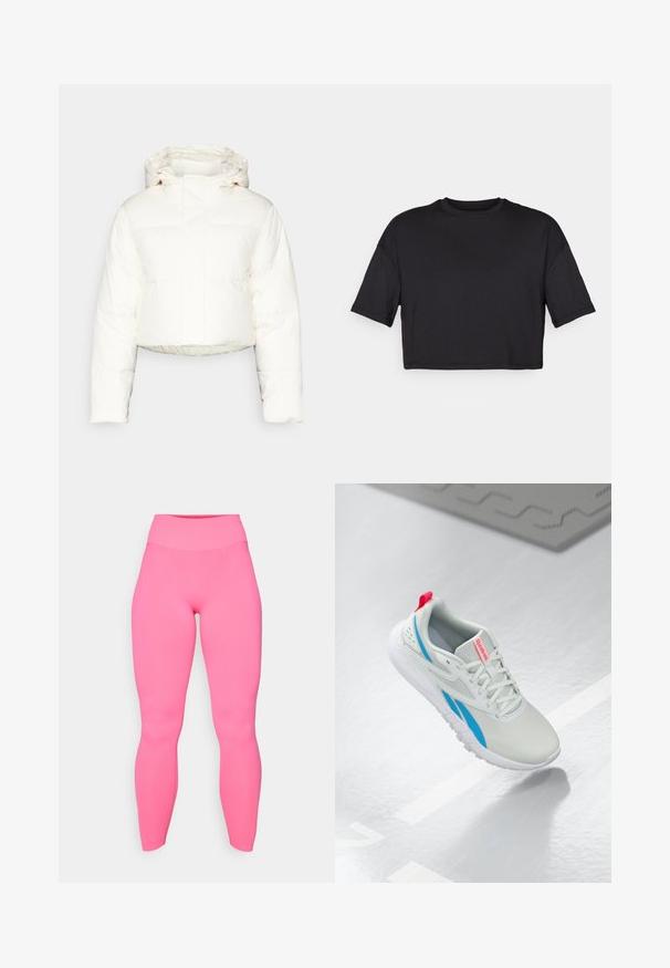 Kratka bela pufasta jakna z kapuco, z zašito zasnovo, gladko teksturo in zadrgo spredaj. Vidni ojačani šivi.; Črna skrajšana majica z mehkega blaga, s krožnim izrezom in kratkimi, širokimi rokavi, preproste, brezšivne zasnove.; Rožnate legice z visokim pasom, izdelane iz raztegljive tkanine. Gladka tekstura, oblikovan dizajn, dolžina do gležnjev, brez vidnih vzorcev ali dodatkov.; Bele in modre Reebok superge z rdečo zanko lebdeče nad sijočo površino, ob kateri je sivi gumijasti mat.