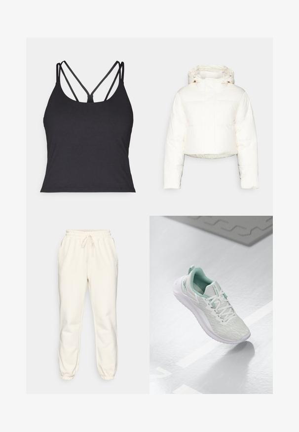 Zkrácená bílá péřová bunda s kapucí, s prošívaným designem, hladkým povrchem a předním zipem. Viditelné zesílené švy.; Černé tílko s tenkými ramínky a křížovým designem na zádech. Vyrobeno z měkkého, elastického materiálu s přiléhavým střihem.; Krémové tepláky vyrobené z měkké látky, s elastickým pasem na šňůrku, bočními kapsami a zúženými manžetami na kotnících.; Světle šedá sportovní obuv s texturovaným pleteným svrškem, mátově zelenými akcenty, bílými tkaničkami, gumovou podrážkou a poutkem na patě.