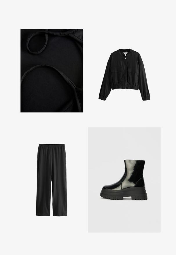Crna skraćena jakna od laganog materijala s okruglim izrezom, dva prednja džepa, elastičnim manžetama i zatvaranjem na dugmad.; Crni kupaći materijal s glatkom teksturom, zakrivljenim naramenicama i ravnim šavovima, osmišljen za udobnost i fleksibilnost tijekom upotrebe.; Crne hlače do koljena izrađene od lagane tkanine. Elastična pojasnica i glatka tekstura s ravnim krojem. Nema vidljivih detalja ili uzoraka.; Crna sjajna čizma do ankleta s debelim zupčastim potplatom i zaobljenim vrhom, bočni pogled na jednostavnoj svijetlosivoj pozadini.