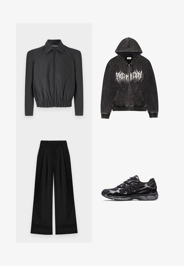 Juodas trumpas švarkas iš lygaus audinio, su užtrauktuku priekyje, smailiu apykaklę ir elastinga juosmens juosta, su šoniniais kišenėmis ir ilgomis rankovėmis.; Juodas zip-up džemperis su kapišonu, pagamintas iš tekstūruoto audinio, su priekinėmis kišenėmis ir baltu grafiniu užrašu ant krūtinės.; Juodas ilgomis rankovėmis henley marškinėliai su trimis mygtukais, raukšlėta tekstūra, derinami su juodomis kelnėmis. Išskirtiniai aksesuarai ant rankų apima žiedus ir laikrodį.; Juoda škotų raštu plačių kojų kelnės su raukiniais, turinčios lygią tekstūrą ir klasikį dizainą. Lengvas audinys patogumui.; Juodas sportinis batelis su tinkliniu ir zomšiniu paviršiumi, turintis tekstūruotą dizainą ir tvirtą, paminkštintą pilkos spalvos padą.