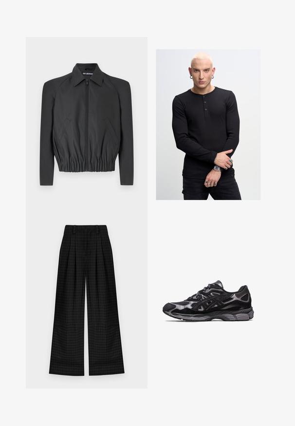 Mustast lühikest jakk, mis on valmistatud siledast kangast, millel on lukuga esiosa, terav krae ja elastne vöökoht, küljetaskud ja pikad varrukad.; Must have pikendate varrukad ja kolme nööbiga must henley särk, ribatud tekstuuriga, sobitatud mustade pükste ja käevõru ning kellaga käe ehted.; Mustrite ruudulised laiad püksid, millel on pleidid, sujuva tekstuuri ja klassikaline disain. Kerge kangas mugavuseks.; Mustad mustus spordijalats, millel on võrk- ja nubukülem, kus on tekstuuriga disain ning tugev ning pehme hall tallad.