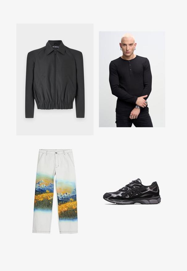 Juodas trumpas švarkas iš lygaus audinio, su užtrauktuku priekyje, smailiu apykaklę ir elastinga juosmens juosta, su šoniniais kišenėmis ir ilgomis rankovėmis.; Juodas ilgomis rankovėmis henley marškinėliai su trimis mygtukais, raukšlėta tekstūra, derinami su juodomis kelnėmis. Išskirtiniai aksesuarai ant rankų apima žiedus ir laikrodį.; Desigual LANDSCAPE - Kelnės - white; Juodas sportinis batelis su tinkliniu ir zomšiniu paviršiumi, turintis tekstūruotą dizainą ir tvirtą, paminkštintą pilkos spalvos padą.