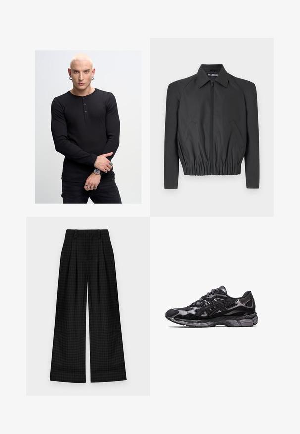 Sort cropped jakke lavet af glat stof, med lynlås foran, spidse kraver og elastisk talje, samt sidelommer og lange ærmer.; Sort langærmet henley skjorte med tre knapper, ribbet tekstur, parret med sorte bukser. Bemærkelsesværdigt håndsmykke inkluderer ringe og et ur.; Sorte ternede brede bukser med læg, der har en glat tekstur og klassisk design. Letvægtsstof for komfort.; Sort atletisk sko med overdel i mesh og suede, udstyret med et struktureret design og en robust, polstret grå sål.