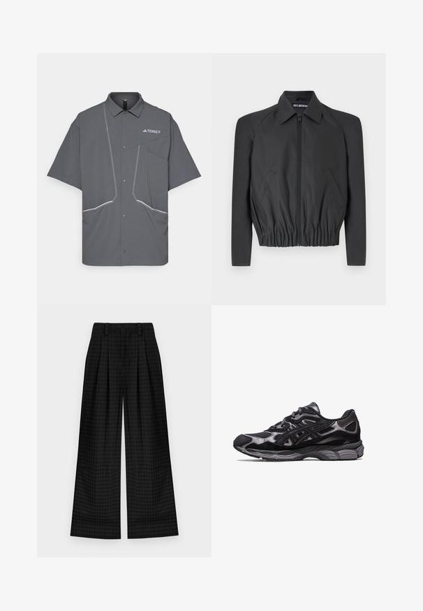 Fekete, sima anyagból készült hosszított dzseki, elől cipzárral, hegyes gallérral és rugalmas derékkal, oldalsó zsebekkel és hosszú ujjakkal.; Rövid ujjú szürke ing, amely gallérral, elülső gombokkal, két zsebből álló fehér varrással és a "TERREX" logóval rendelkezik a bal felső oldalon.; Fekete kockás, bő szabású nadrág, pliszírozott részletekkel, sima textúrával és klasszikus dizájnnal. Könnyű anyag a kényelem érdekében.; Fekete sportcipő, hálós és velúr felsőrésszel, textúrázott mintázattal és egy masszív, párnázott szürke talppal.