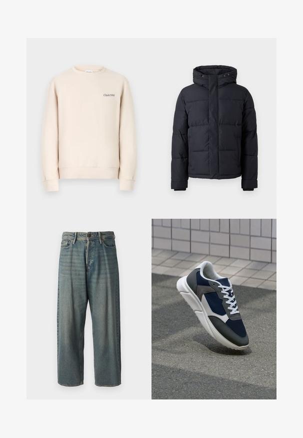 Svart dunjakke med hette, med glidelåsfront, quiltet design og elastiske cuffs for varme og komfort.; Beige hettegenser med rund halslinning, lange ermer, ribbestrikkede mansjetter og "Club1990" brodert på fronten i en mørk farge.; Lyseblå denimjeans med løs passform, midjehøyde og rette ben. Har fem lommer, beltehemper og knappelukking.; Sneakers med en navy blå mesh-overdel, grå sømværk, hvit gummisåle og flate hvite snører, designet for komfort og pusteevne.