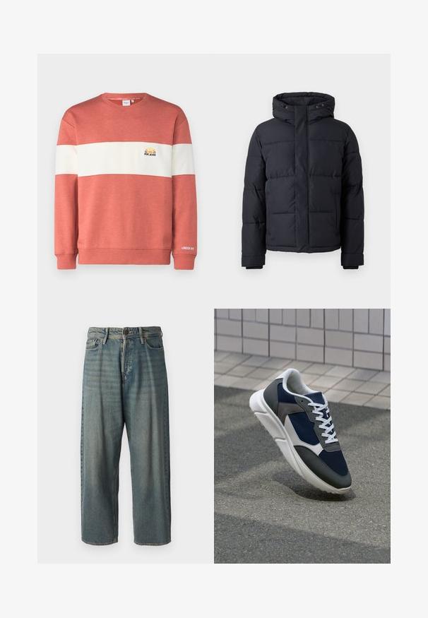 Juodas pūkinis švarkas su gobtuvu, su užtrauktuku, su siuvinėtu dizainu ir elastingomis rankogalių juostomis šilumai ir komfortui.; Raudonai oranžinis sportinis megztinis su baltu horizontaliniu dryžiu, kuriame yra mažas išsiuvinėtas saulės motyvas ir "PEPE JEANS" logotipas ant krūtinės. Pagamintas iš medvilnės mišinio.; Šviesiai mėlyni džinsai su laisvu siluetu, vidutinio aukščio juosmeniu ir tiesiomis kojomis. Su penkiais kišenėmis, diržo kilpo ir mygtukų uždarymu.; Sportiniai bateliai su tamsiai mėlynu tinkliniu viršumi, pilkais zomšiniais akcentais, balta guma padanga ir plokščiomis baltomis raištelėmis, sukurti komfortui ir oro pralaidumui.