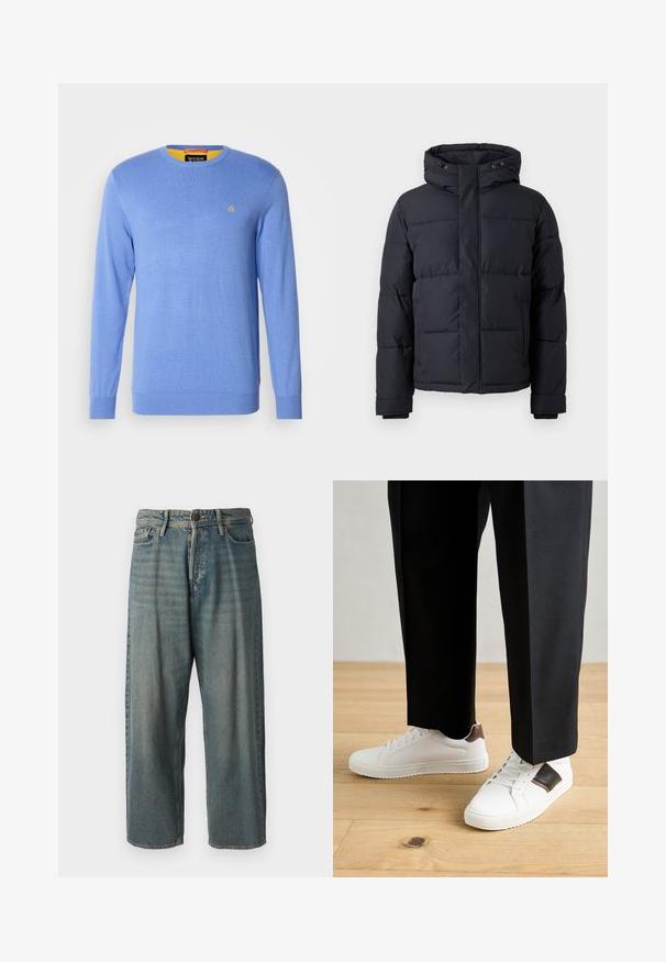 Must rõngasjakke, millel on kapuuts, lukuga kinnitamine, tikandmuster ja elastsed mansetid sooja ja mugavuse tagamiseks.; Hele helesinine omakootud sviiter, pikkade varrukatega, ümmargune kaelus; sellel on rinnal väike kuldne embleem ja kontrastne kollane sisekaelus.; Heledad sinine denim-stiilis teksad, volüümse lõike, keskmise kõrgusega talje ja sirgete säärega. Omab viit taskut, vöökumme ja nööpide sulgemist.; Valged sneakersid siledat tekstuurist, millel on pruunad nahast detailid ja mustad aksessuaarid, millele on sobitatud mustad kohandatud püksid. Puitpõranda taust.