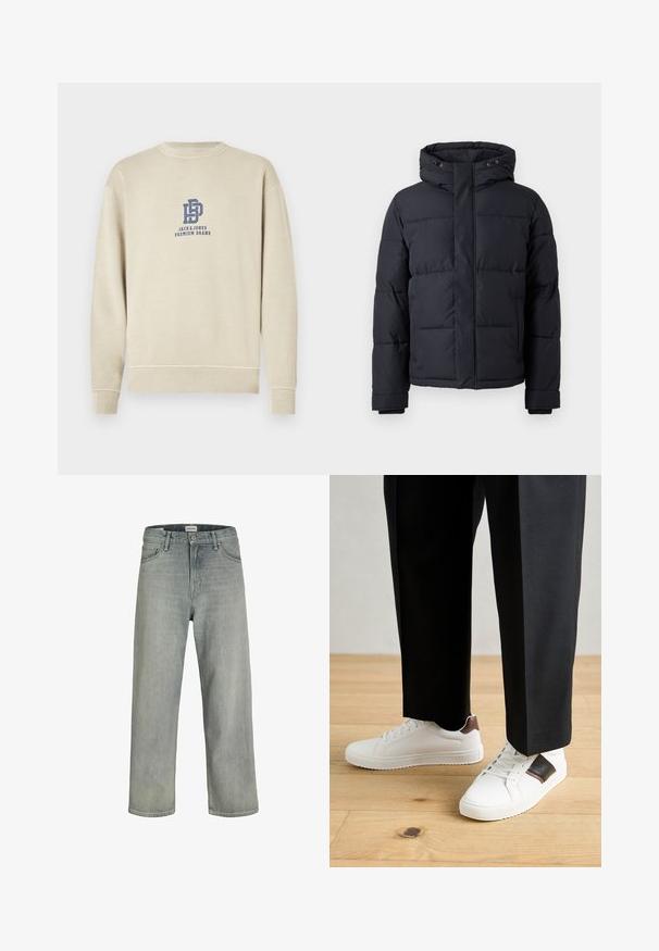 Giacca a vento nera con cappuccio, caratterizzata da una chiusura con zip, design trapuntato e polsini elasticizzati per calore e comfort.; Felpa beige in cotone, con scollo rotondo, polsini e orlo a costine, con stampa del logo blu sul petto.; Jeans grigi chiaro, con vestibilità comoda, realizzati in denim. Presentano un classico design a cinque tasche, passanti per cintura e una silhouette a gamba dritta.; Sneakers bianchi dalla texture liscia, con dettagli in pelle marrone e particolari neri, abbinati a pantaloni neri su misura. Sfondo in parquet.