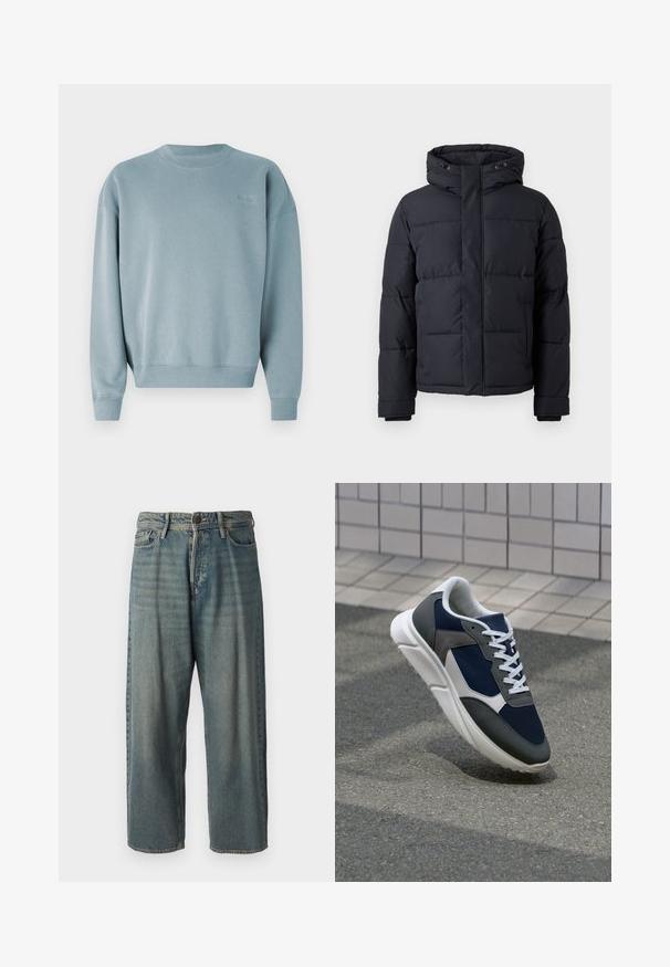 Casaco puffer preto com capuz, apresentando fecho com zíper, design acolchoado e punhos elásticos para conforto e aquecimento.; Sweatshirt azul claro, feito de uma suave mistura de algodão, com um decote redondo e punhos canelados, apresentando um discreto detalhe de logotipo na parte da frente.; Jeans de ganga azul claro com um corte solto, cintura média e pernas retas. Apresenta cinco bolsos, passadores de cinto e fecho com botão.; Sapatilha com parte superior em malha azul-marinho, detalhes em camurça cinza, sola de borracha branca e atacadores brancos planos, projetada para conforto e respirabilidade.