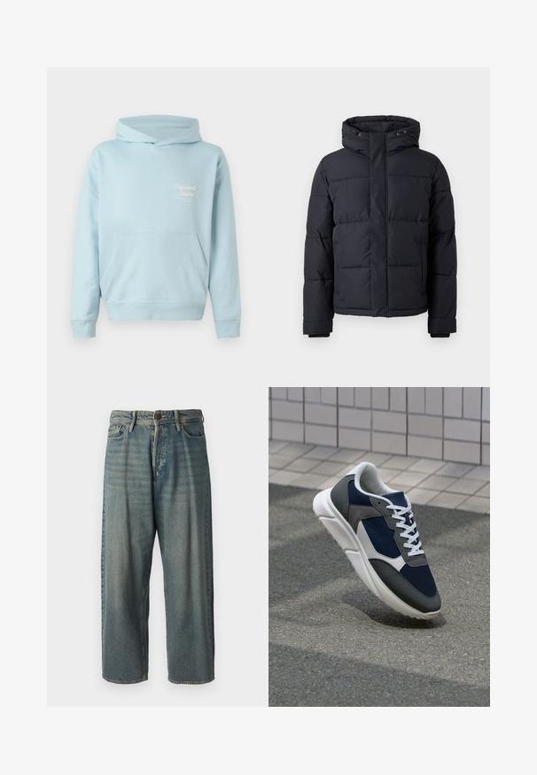 Black puffer jacket with a hood, featuring a zip closure, quilted design, and elastic cuffs for warmth and comfort.; Light blue hoodie featuring a front pocket, ribbed cuffs, and an embroidered logo on the chest. Soft fabric and relaxed fit design.; Light blue denim jeans with a loose fit, mid-rise waist, and straight legs. Features five pockets, belt loops, and a button closure.; Sneaker featuring a navy blue mesh upper, gray suede accents, white rubber sole, and flat white laces, designed for comfort and breathability.