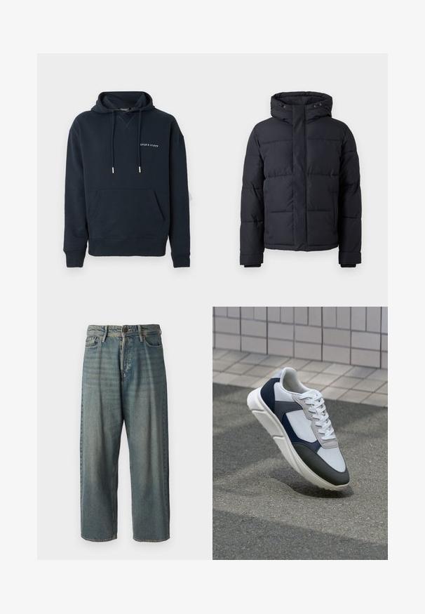 Sort puffjakke med hætte, der har lynlås lukning, quiltet design og elastiske manchetter for varme og komfort.; Marineblå hættetrøje lavet af bomuld, med en kængurulomme og hvidt trykt logo på brystet, samt sølvfarvede snøre detaljer.; Lyseblå denim jeans med løs pasform, mellemhøj talje og lige ben. Har fem lommer, bæltestropper og en knappelukning.; Hvide, marineblå og grå sneakers med et design i blandede materialer, der har en tekstureret overdel, flade snørebånd og en polstret sål.