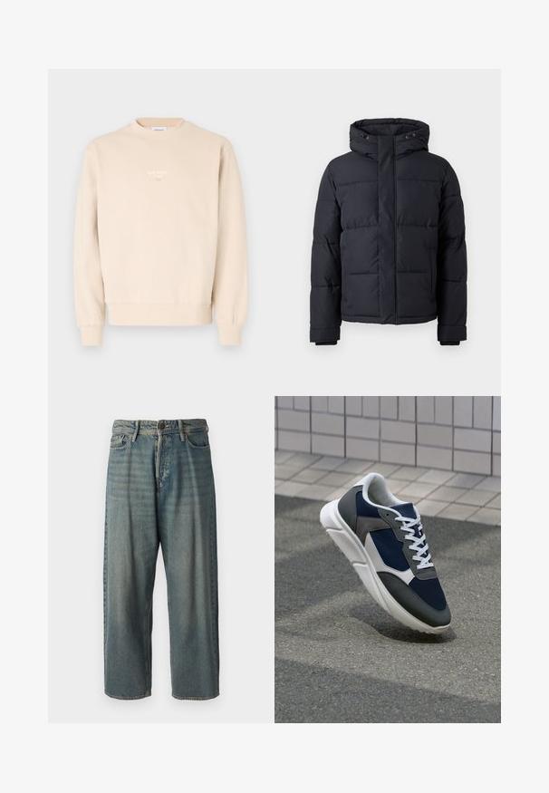 Černá péřová bunda s kapucí, vybavená zipem, prošívaným designem a elastickými manžetami pro teplo a pohodlí.; Beige mikina vyrobená z měkké tkaniny, s kulatým výstřihem, žebrovanými manžetami a malým bílým logem na hrudi.; Světle modré denimové džíny s volným střihem, středně vysokým pasem a rovnými nohavicemi. Obsahují pět kapes, poutka na opasek a zapínání na knoflík.; Tenisky s horní částí z námornicky modré síťoviny, šedými semišovými akcenty, bílou gumovou podrážkou a plochými bílými tkaničkami, navržené pro pohodlí a prodyšnost.