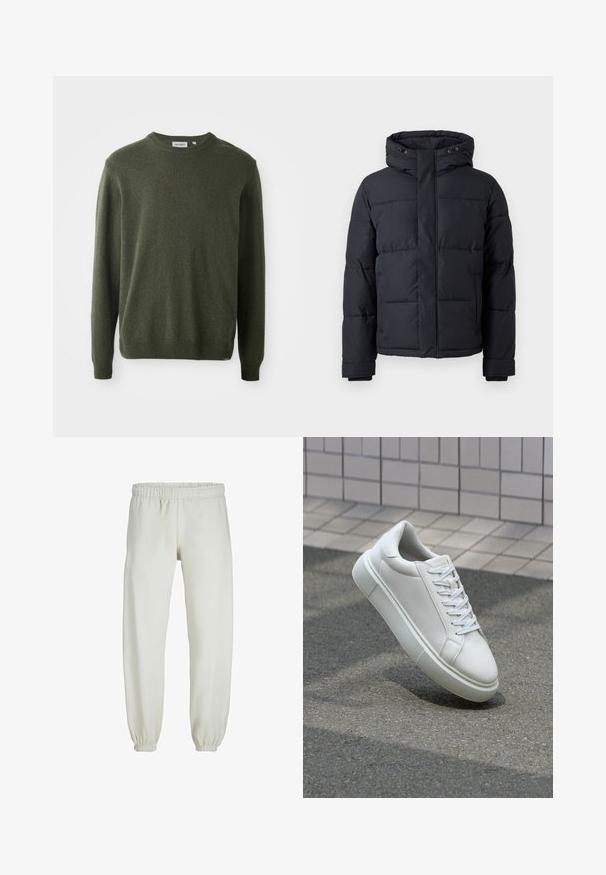 Must rõngasjakke, millel on kapuuts, lukuga kinnitamine, tikandmuster ja elastsed mansetid sooja ja mugavuse tagamiseks.; Tumed roheline sviiter, ümar kaelus, pikad varrukad, ribatud mansetid ja alumine äär, pehme tekstuur, lihtne disain, ilma nähtavate mustrite või kaunistusteta.; Valged trennipüksid, mis on valmistatud pehmest kangast, elastse vöökoha ja mansettidega, sileda tekstuuri ja lõdva lõikega.; Valge nahkline sneka, millel on sile pind, ümar varvas ja lame valge pael. Omab tekstuuriga kummist talla ja minimaalset kujunduselementi.