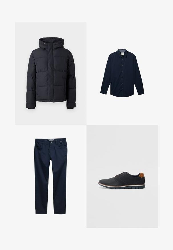 Must rõngasjakke, millel on kapuuts, lukuga kinnitamine, tikandmuster ja elastsed mansetid sooja ja mugavuse tagamiseks.; Tumed sinine pika varrukaga särk, mis on valmistatud siledast kangast, millel on nööbid ees, klassikaline krae ja valged nööbid.; Tumesinised püksid sujuvast puuvillakangast, regulaarsest lõikest, viie taskuga ning luku ja nööbiga kinnitusega.; Mustavad sünteetilised jalatsid tekstureeritud pealsega, siledad aktsendid, pruun kand ja kontrastne tall. Omab minimaalset lukkude ja õmbluste dekoratsiooni.