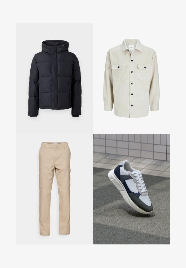 Jachetă puffer neagră cu glugă, dotată cu închidere cu fermoar, design matlasat și manșete elastice pentru căldură și confort.; Cămașă din flanel bej cu guler, având două buzunare pe piept, nasturi negri și mâneci lungi cu manșete cu nasturi.; Pantaloni cargo bej, realizați dintr-un material durabil, având multiple buzunare laterale, un croi clasic și picioare drepte cu cusături simple.; Tenisi albi, bleumarin și gri, cu un design din materiale mixte, având un superior texturat, șireturi plate și o talpă căptușită.
