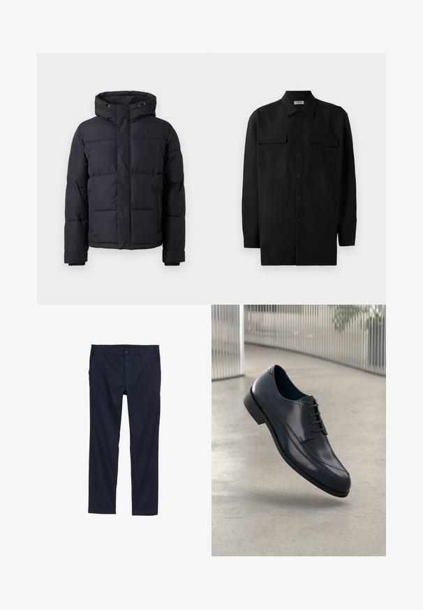 Crna puf jakna s kapuljačom, s patentnim zatvaračem, kockastim dizajnom i elastičnim rukavima za toplinu i udobnost.; Crna košulja s dugim rukavima od glatkog materijala, s klasičnom kragnom, dva prednja džepa i dugmadima na manžetama.; Tamburice u mornarsko plavoj boji s laganom tkaninom, ravnim nogavicama, kopčanjem na dugme i bočnim džepovima.; Sjajna crna kožna cipelica s vezicama, koja lebdi iznad glatkog, svijetlosive podloge i vertikalnih metalnih šipki u pozadini.