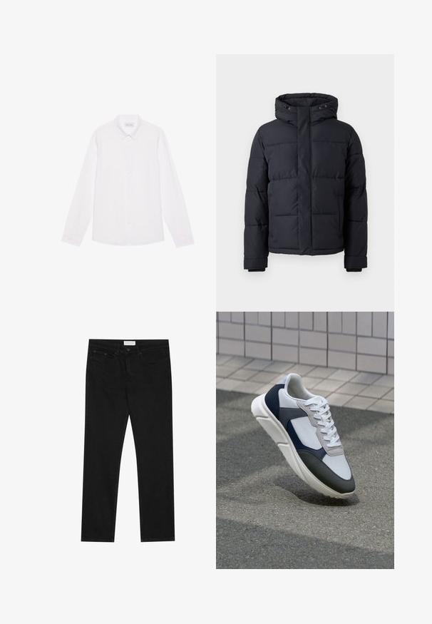 Chaqueta de plumas negra con capucha, que cuenta con cierre de cremallera, diseño acolchado y puños elásticos para mayor calidez y comodidad.; Camisa blanca de algodón de manga larga y botones. Presenta un cuello clásico, botones en la parte frontal y una textura suave sin patrones visibles.; Jeans negros de pierna recta con diseño de cinco bolsillos, cierre de botón y cremallera, y etiqueta de la marca Pier One en la cinturilla.; Zapatilla blanca, azul marino y gris con un diseño de materiales mixtos, que presenta una parte superior texturizada, cordones planos y una suela acolchada.