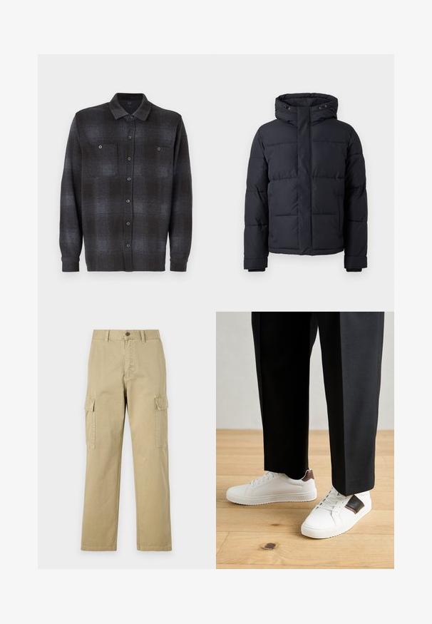 Zwarte pufferjas met capuchon, met een ritsluiting, gewatteerd ontwerp en elastische manchetten voor warmte en comfort.; Langemouwen overhemden met knopen in een zwart en donkergrijs ruitpatroon, met twee borstzakken en een standaard kraag. Soepele stoftextuur.; Beige cargobroek van katoen, met twee zijzakken, een knoopsluiting en rechte pijpen van een licht gestructureerde stof.; Witte sneakers met een gladde textuur, voorzien van bruine lederen accenten en zwarte details, gecombineerd met zwarte maatpakken. Achtergrond van houten vloeren.