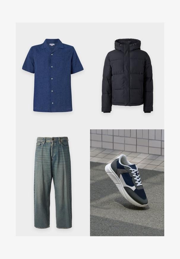 Črna puhasta jakna s kapuco, z zadrgo, kvadraticnim dizajnom in elastičnimi manšetami za toploto in udobje.; Kratka majica s kratkimi rokavi, temno modra, iz zračnega materiala, s ovratnikom, delujočimi gumbi in rahlo teksturirano površino.; Svetlomoderne kavbojke z ohlapnim krojem, srednjim pasom in ravnimi nogami. Imajo pet žepov, zanke za pas in zapiranje na gumb.; Superge z zgornjim delom iz mrežaste tkanine v mornarsko modri barvi, sivi usnjeni poudarki, belo gumijasto podplato in ravnimi belimi vezalkami, zasnovane za udobje in zračnost.
