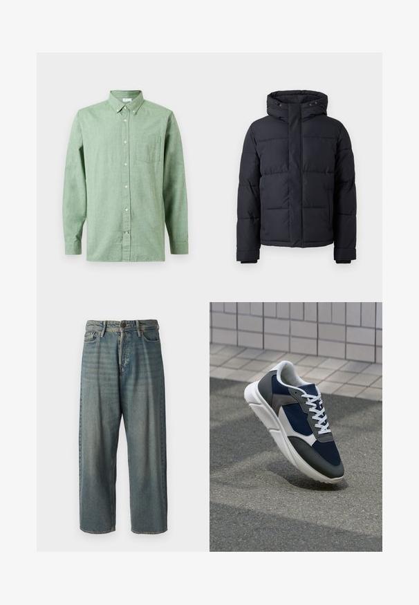 Melnā pūkļa jaka ar kapuci, ar rāvējslēdzēju, ar siltinātu dizainu un elastīgām piedurknēm siltumam un komfortam.; Gaiši zaļa krekls ar garām piedurknēm, pogājamā apkakle, krūšu kabata un bēša pogas uz vienkrāsaina fona.; Gaiši zili džinsi ar brīvu piegriezumu, vidējo jostas augstumu un taisnām kājām. Satur piecas kabatas, jostas cilpas un pogu aizdari.; Sporta apavi ar tumši zilas krāsas tīkla augšdaļu, pelēku zamšādas akcentiem, baltu gumijas zoli un plakaniem baltiem šņorēm, kas izstrādāti komfortam un elpojamībai.