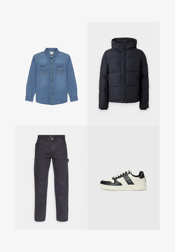 Schwarze Daunenjacke mit Kapuze, ausgestattet mit einem Reißverschluss, gestepptem Design und elastischen Bündchen für Wärme und Komfort.; Hellblaues Denim-Hemd mit langen Ärmeln, spitzem Kragen, zwei Brusttaschen, Druckknöpfen und verstärkten Nähten. Wrangler-Branding auf der Tasche.; Dunkelgraue Cargo-Hosen aus strapazierfähigem Stoff, mit geradem Bein, fünf Taschen und einem Knopfverschluss an der Taille.; Leder-Sneaker in Schwarz- und Cremetönen, mit perforierten Akzenten, einem gepolsterten Kragen und einer strukturierten Laufsohle.
