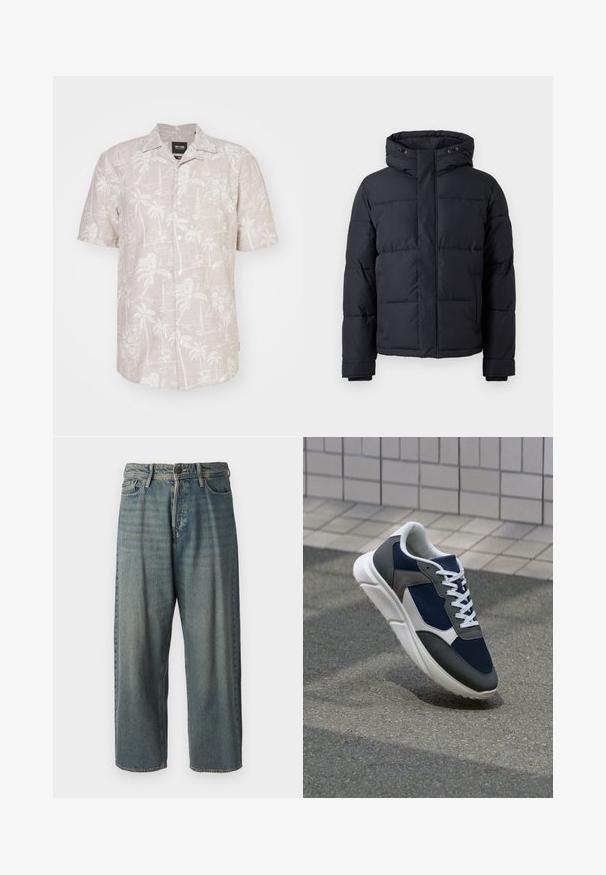 Čierna prešívaná bunda s kapucňou, s uzatváraním na zips, prešívaným dizajnom a elastickými manžetami pre teplo a pohodlie.; Košeľa s krátkym rukávom v svetlo béžovom ľane, s bielym tropickým vzorom palmových stromov, kvetov a plachetníc.; Svetlomodré denimové nohavice so voľným strihom, stredne vysokým pásom a rovnými nohavicami. Obsahujú päť vreciek, pútka na opasok a zapínanie na gombík.; Tenisky s sieťovinou v námorníckej modrej farbe, so sivými semišovými detailmi, bielou gumovou podrážkou a plochými bielymi šnúrkami, navrhnuté pre pohodlie a priedušnosť.