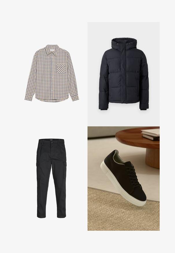 Giacca a vento nera con cappuccio, caratterizzata da una chiusura con zip, design trapuntato e polsini elasticizzati per calore e comfort.; Camicia a maniche lunghe in plaid beige con quadrati blu, dotata di colletto button-down e una tasca sul lato sinistro del petto con un motivo a quadri diagonali.; Pantaloni cargo neri realizzati in un tessuto resistente, dotati di molteplici tasche, chiusura con bottone e un design aderente con gambe affusolate.; Sneaker nero con suola bianca che flotta sopra un tappeto beige testurizzato vicino a un tavolo rotondo in legno con libri impilati.