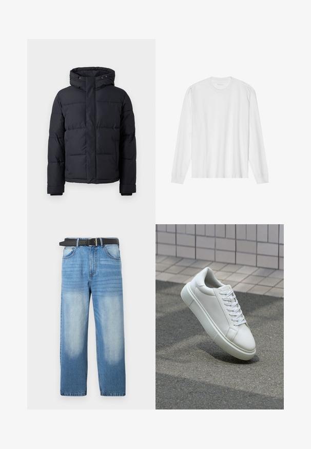 Črna puhasta jakna s kapuco, z zadrgo, kvadraticnim dizajnom in elastičnimi manšetami za toploto in udobje.; Bela bombažna majica z dolgimi rokavi in posadnim izrezom ter rebrastimi manšetami. Preprost, neokrašen dizajn, ki se ponaša z gladko teksturo in standardnim krojem.; Svijetloplave traperice ravnog kroja, s crnim pojasom, izblijedjelim mrljama i suptilnom dijagonalnom teksturom na gornjem dijelu.; Bela usnjena teniska obutev z gladko površino, okroglo konico in ravnimi belimi vezalkami. Ima teksturiran gumijast podplat in minimalne oblikovalske elemente.
