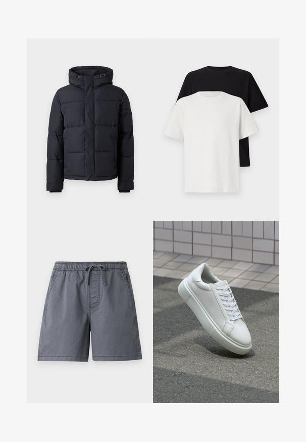 Must rõngasjakke, millel on kapuuts, lukuga kinnitamine, tikandmuster ja elastsed mansetid sooja ja mugavuse tagamiseks.; Puuvillane t-särkide komplekt, mis sisaldab musta ja valget särk, mõlemad lühikeste varrukatega, ümmarguse kaelusega ja standardse lõikega. Tekstuuriga kangas.; Halli ujumispüksid kergest kangast, elastse vöökohtadega, tõmbluku ja küljetaskutega, lõdva lõikega.; Valge nahkline sneka, millel on sile pind, ümar varvas ja lame valge pael. Omab tekstuuriga kummist talla ja minimaalset kujunduselementi.