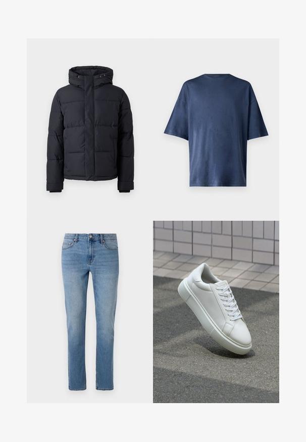 Must rõngasjakke, millel on kapuuts, lukuga kinnitamine, tikandmuster ja elastsed mansetid sooja ja mugavuse tagamiseks.; Tumesinine lühikeste varrukatega T-särk, valmistatud pehmest kangast, omab klassikalist ümarat kaelust ja mugavat lõiget, ilma nähtavate mustrite või aktsentideta.; Heledad sinine teksapüksid sirge lõikega, viie taskuga disain ja peened kulumise detailid kangal. Metallist nööp ja tõmblukk.; Valge nahkline sneka, millel on sile pind, ümar varvas ja lame valge pael. Omab tekstuuriga kummist talla ja minimaalset kujunduselementi.