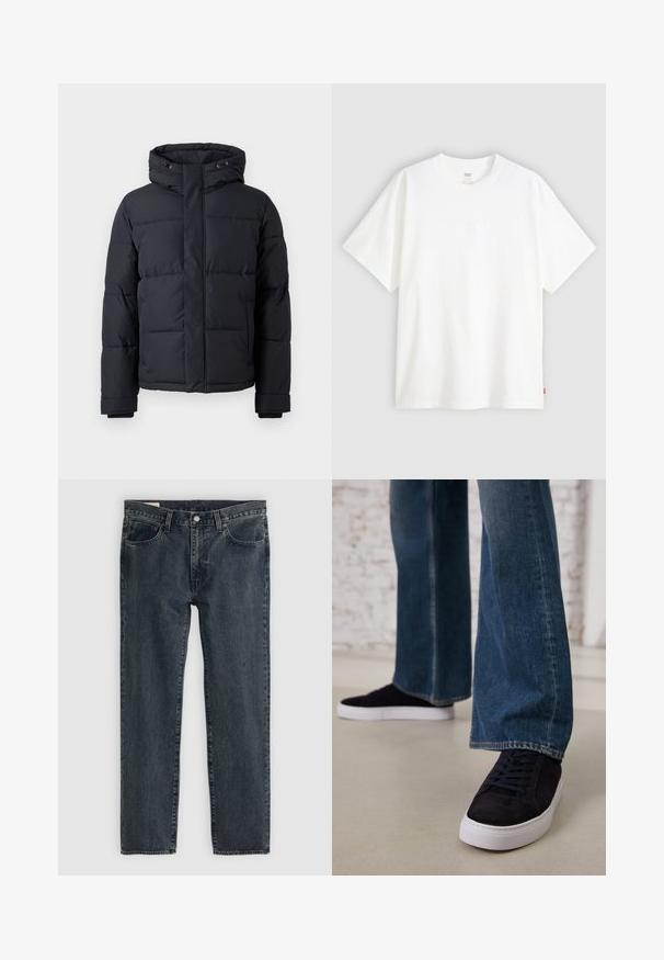 Crna puf jakna s kapuljačom, s patentnim zatvaračem, kockastim dizajnom i elastičnim rukavima za toplinu i udobnost.; Bijela kratka majica od pamuka s okruglim izrezom. Sadrži suptilni reljefni logo detalj sprijeda i crvenu oznaku na rubu.; Tamno plave traperice s ravnim nogavicama, pet džepova i zatvaranjem na dugme. Tkanina pokazuje suptilno blijeđenje i teksturu.; Tamno plave ante bluze tenisice s bijelim gumam potplatom i vezicama, u kombinaciji s trapericama širokih nogavica u srednje plavoj boji.