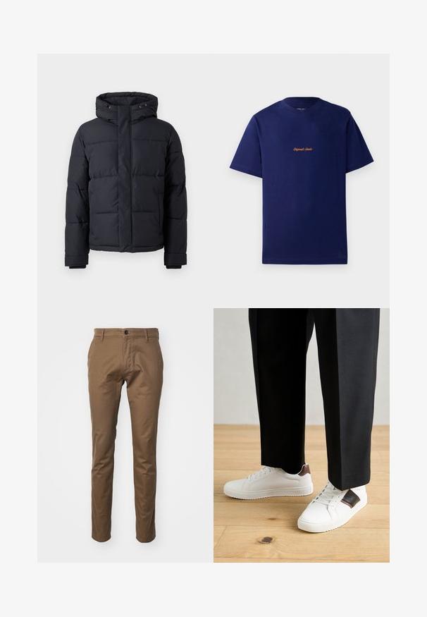 Svart dunjakke med hette, med glidelåsfront, quiltet design og elastiske cuffs for varme og komfort.; Marineblå bomull t-skjorte med korte ermer. Har en liten, oransje brodert logo på brystet. Klassisk rund hals-designer.; Brune bomullsmiks bukser med rett passform, med knappestenging, frontlommer og en glatt, teksturert overflate.; Hvite sneakers med glatt tekstur, med brune skinnakenter og svart detaljer, parret med svarte skreddersydde bukser. Bakgrunn med tregulv.