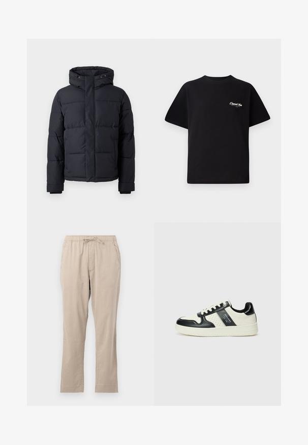 Černá péřová bunda s kapucí, vybavená zipem, prošívaným designem a elastickými manžetami pro teplo a pohodlí.; Černé bavlněné tričko s kulatým výstřihem, krátkými rukávy a malým bílým logem na levé straně hrudi. Jednoduchý design, klasický střih.; Beige, lehké kalhoty s elastickým pasem, předními kapsami a šňůrkou na stažení. Hladká textura a rovný střih nohavic.; Kožené tenisky s černobílou barevnou kombinací, které mají perforované detaily, polstrovaný límec a texturovanou podrážku.
