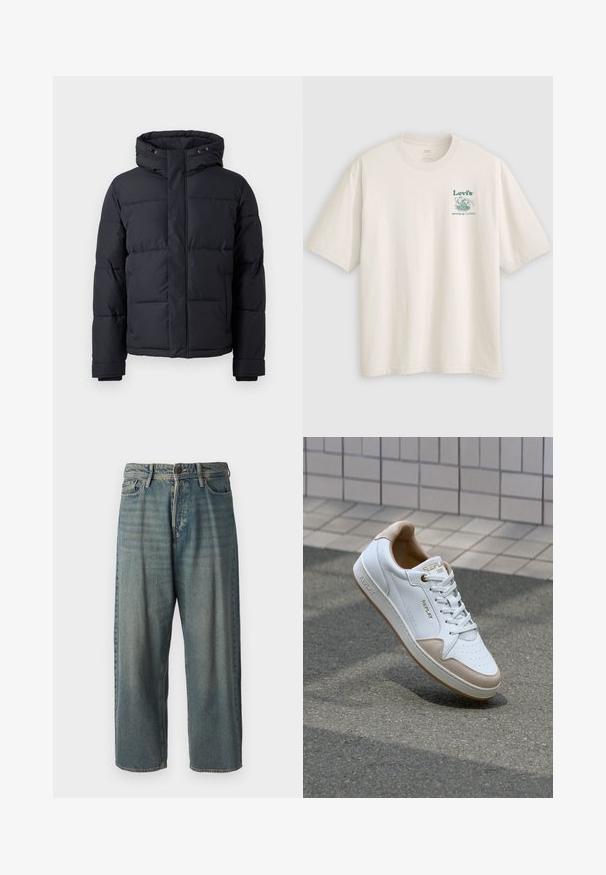 Fekete puffdzseki kapucnival, cipzárral, tűzött mintázattal és rugalmas mandzsettákkal a kényelem és melegség érdekében.; Fehér, rövid ujjú pamut póló, bal mellrészen zöld Lev's logóval és felirattal. Laza szabás, sima tapintású anyag.; Világoskék farmernadrág, laza fazonnal, közepes derékbőséggel és egyenes szárral. Öt zsebet, övbucskát és gombos záródást tartalmaz.; Fehér bőr sportcipők bézs velúr részletekkel, lapos fűzőkkel, perforált orrrésszel, és arany logóval a nyelvén és az oldalán.