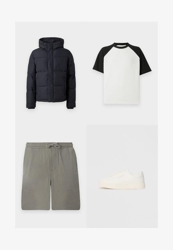 Fekete puffdzseki kapucnival, cipzárral, tűzött mintázattal és rugalmas mandzsettákkal a kényelem és melegség érdekében.; Fekete-fehér, rövid ujjú póló bordázott textúrával; raglán ujjakkal és kerek nyakkal rendelkezik.; Világosszürke, texturált anyagból készült rövidnadrág. Rugalmas derékpánttal, zsinórral és oldalsó zsebbel rendelkezik. Egyszerű, egyenes szabású dizájn.; Fehér slip-on sportcipők texturált felülettel, vastag talppal és minimalista dizájnnal. Az oldalon a márka logója található.