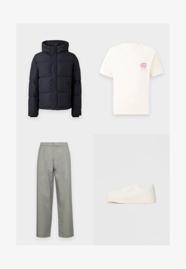 Czarna kurtka puchowa z kapturem, z zamek błyskawicznym, pikowanym wzorem oraz elastycznymi mankietami, zapewniająca ciepło i komfort.; Biała koszulka z krótkim rękawem z czerwonym napisem "Studio Originals Edition" po lewej stronie klatki piersiowej, wyeksponowana na neutralnym szarym tle.; Szare dopasowane spodnie z teksturowanej tkaniny, o prostym kroju nogawki, z fałdami z przodu oraz standardowym paskiem z szlufkami.; Białe sneakersy wsuwane z teksturowanej powierzchni, grubą podeszwą i minimalistycznym designem. Zawierają logo marki z boku.