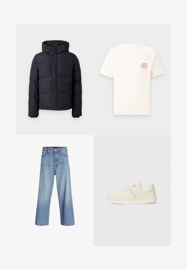 Czarna kurtka puchowa z kapturem, z zamek błyskawicznym, pikowanym wzorem oraz elastycznymi mankietami, zapewniająca ciepło i komfort.; Biała koszulka z krótkim rękawem z czerwonym napisem "Studio Originals Edition" po lewej stronie klatki piersiowej, wyeksponowana na neutralnym szarym tle.; Jasnoniebieskie dżinsy typu wide-leg z wysokim stanem, z zapięciem na guziki, pięcioma kieszeniami i subtelnym wyblaknięciem. Czyste wykończenie dołu.; Kremowe sneakersy z perforowanymi detalami, sznurowadłami i logo z boku, prezentowane na jednolitym białym tle.