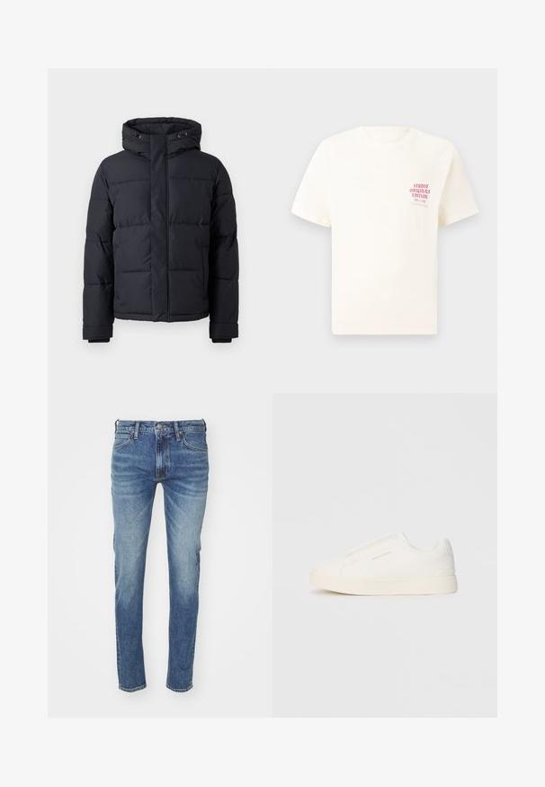 Doudoune noire avec capuche, dotée d'une fermeture éclair, au design matelassé et avec des poignets élastiques pour chaleur et confort.; T-shirt blanc à manches courtes avec le texte rouge "Édition Originals du Studio" sur la poitrine gauche, présenté sur un fond gris neutre.; Jean en denim bleu avec un look délavé, design à jambe droite, style cinq poches et passants de ceinture ; dispose d'une fermeture classique à bouton et à zip.; Baskets blanches sans lacets avec une surface texturée, une semelle épaisse et un design minimaliste. Présente le logo de la marque sur le côté.