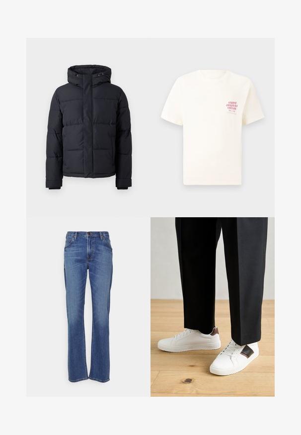 Must rõngasjakke, millel on kapuuts, lukuga kinnitamine, tikandmuster ja elastsed mansetid sooja ja mugavuse tagamiseks.; Valge lühikeste varrukatega T-särk, millel on vasakul rinnal punane tekst "Studio Originals Edition", esitatud neutraalsel hallil taustal.; Sinised teksad otse jalgadega disainiga, nööbiga kinnitamine, klassikaline viie tasku stiil ja kerged pleekimised põlvede lähedal.; Valged sneakersid siledat tekstuurist, millel on pruunad nahast detailid ja mustad aksessuaarid, millele on sobitatud mustad kohandatud püksid. Puitpõranda taust.