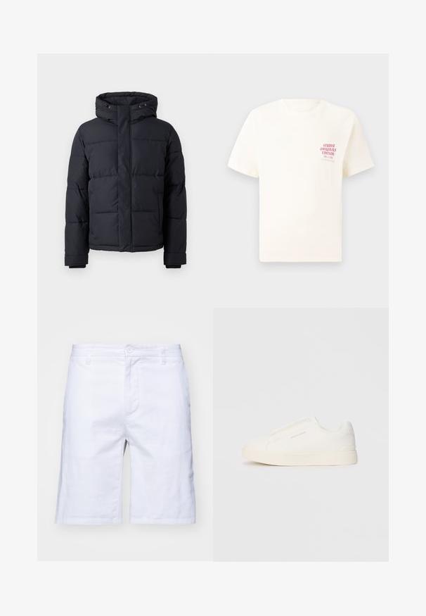 Giacca a vento nera con cappuccio, caratterizzata da una chiusura con zip, design trapuntato e polsini elasticizzati per calore e comfort.; T-shirt bianco a maniche corte con testo rosso "Studio Originals Edition" sul lato sinistro del petto, esposto su uno sfondo grigio neutro.; Pantaloni corti bianchi in cotone con taglio dritto, chiusura con zip e bottone. Presentano tasche laterali e una texture liscia.; Sneakers bianchi slip-on con superficie texturizzata, suola spessa e design minimalista. Presentano il logo del marchio sul lato.