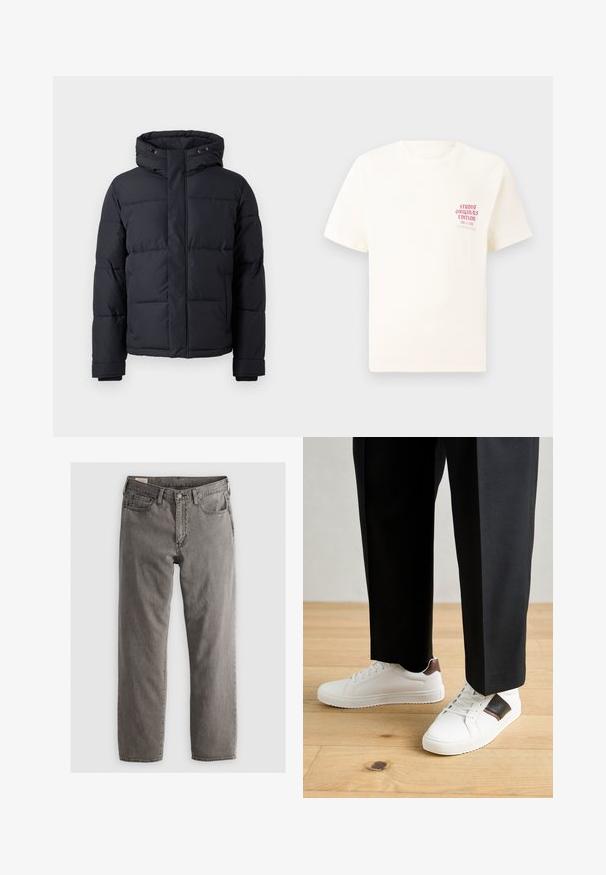 Čierna prešívaná bunda s kapucňou, s uzatváraním na zips, prešívaným dizajnom a elastickými manžetami pre teplo a pohodlie.; Biele tričko s krátkym rukávom s červeným textom "Studio Originals Edition" na ľavej hrudi, zobrazené na neutrálnom šedom pozadí.; Sivé džínsy z denimu so strihaním rovného strihu, dizajnom s piatimi vreckami a zapínaním na gombíky; bez viditeľných vzorov alebo akcentov; mierne vyblednutý povrch.; Biele tenisky s hladkým povrchom, s hnedými koženými akcentmi a čiernymi detailmi, spárované s čiernymi elegantnými nohavicami. Pozadím je drevená podlaha.