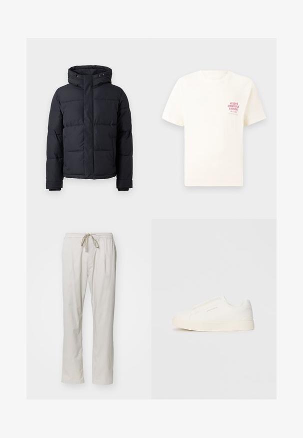 Černá péřová bunda s kapucí, vybavená zipem, prošívaným designem a elastickými manžetami pro teplo a pohodlí.; Bílý krátký rukávový tričko s červeným textem "Studio Originals Edition" na levé hrudi, vystavené na neutrálním šedém pozadí.; Světlé béžové, lehké kalhoty s elastickým pasem a šňůrkou na stažení. Obsahují dvě boční kapsy a rovný střih nohavic.; Bílé slip-on tenisky s texturovaným povrchem, silnou podešví a minimalistickým designem. Na boku je umístěno logo značky.