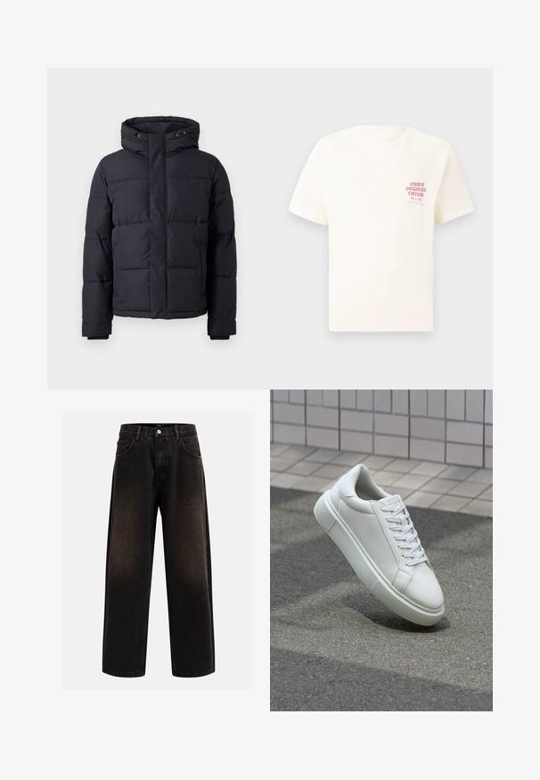 Czarna kurtka puchowa z kapturem, z zamek błyskawicznym, pikowanym wzorem oraz elastycznymi mankietami, zapewniająca ciepło i komfort.; Biała koszulka z krótkim rękawem z czerwonym napisem "Studio Originals Edition" po lewej stronie klatki piersiowej, wyeksponowana na neutralnym szarym tle.; Czarne dżinsy o luźnym kroju, z pętelkami na pasek, pięcioma kieszeniami i zapięciem na guzik. Teksturowana tkanina z lekkim przetarciem.; Białe skórzane trampki z gładką powierzchnią, okrągłym noskiem i płaskimi białymi sznurowadłami. Posiadają teksturowaną gumową podeszwę oraz minimalistyczne elementy projektowe.