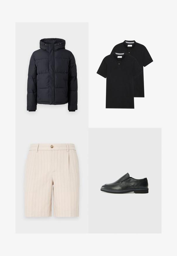 Svart dunjakke med hette, med glidelåsfront, quiltet design og elastiske cuffs for varme og komfort.; To svarte polo skjorter, kortermet, i bomullsmateriale, med krage i klassisk stil, to-knapps knappestolpe, og hvite striper inni kragen.; Beige shorts laget av et lett stoff, med stripete mønster, en frontlukkeknappe og sidelommer.; Sorte skinn slip-on sko med en jevn overflate, stikking detaljer, rund tå og en lav gummihæl. Sålen har minimal mønstring.