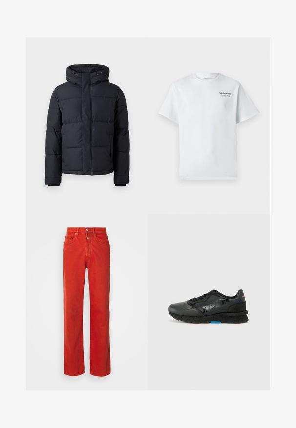 Chaqueta de plumas negra con capucha, que cuenta con cierre de cremallera, diseño acolchado y puños elásticos para mayor calidez y comodidad.; Camiseta de algodón blanca con mangas cortas, cuello redondo, que presenta un pequeño logotipo de texto en negro "J&J desde 1990 Society Club" en el pecho.; Pantalones de mezclilla rojos con un diseño de pierna recta, presentan un cierre de botón, dos bolsillos frontales y un tejido liso, ligeramente texturizado.; Replay ARTHUR IMPACT - Zapatillas - black