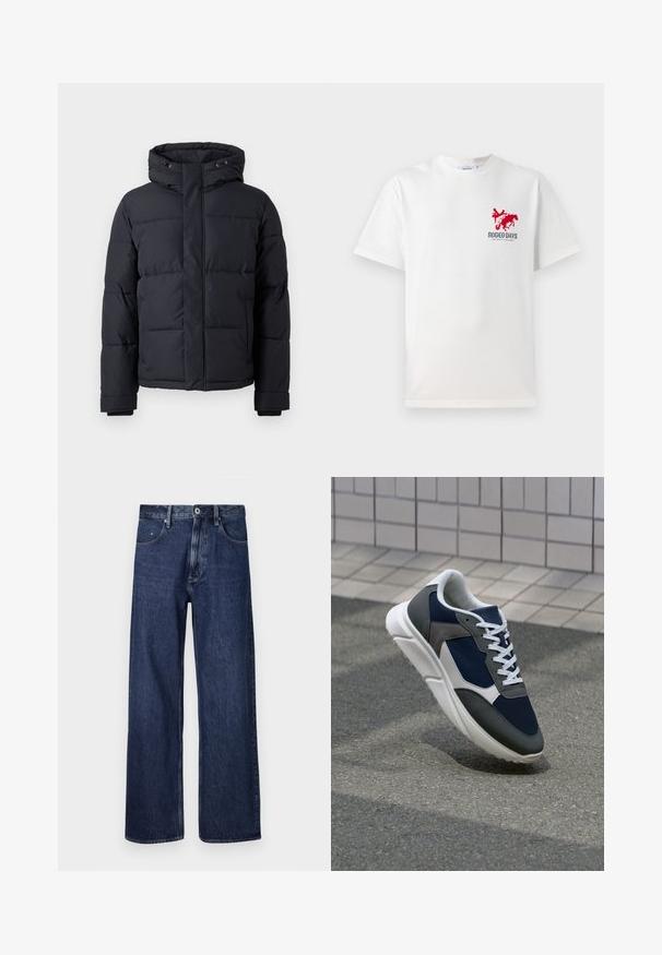 Casaco puffer preto com capuz, apresentando fecho com zíper, design acolchoado e punhos elásticos para conforto e aquecimento.; T-shirt de algodão branco com um gráfico de um cowboy vermelho e um cavalo no lado esquerdo do peito, com o texto "DIA DE RODEIO" abaixo do design.; Jeans de ganga azul escuro com um design de perna reta, disposição padrão de cinco bolsos e um fecho frontal de botão único. O tecido tem uma leve textura.; Sapatilha com parte superior em malha azul-marinho, detalhes em camurça cinza, sola de borracha branca e atacadores brancos planos, projetada para conforto e respirabilidade.